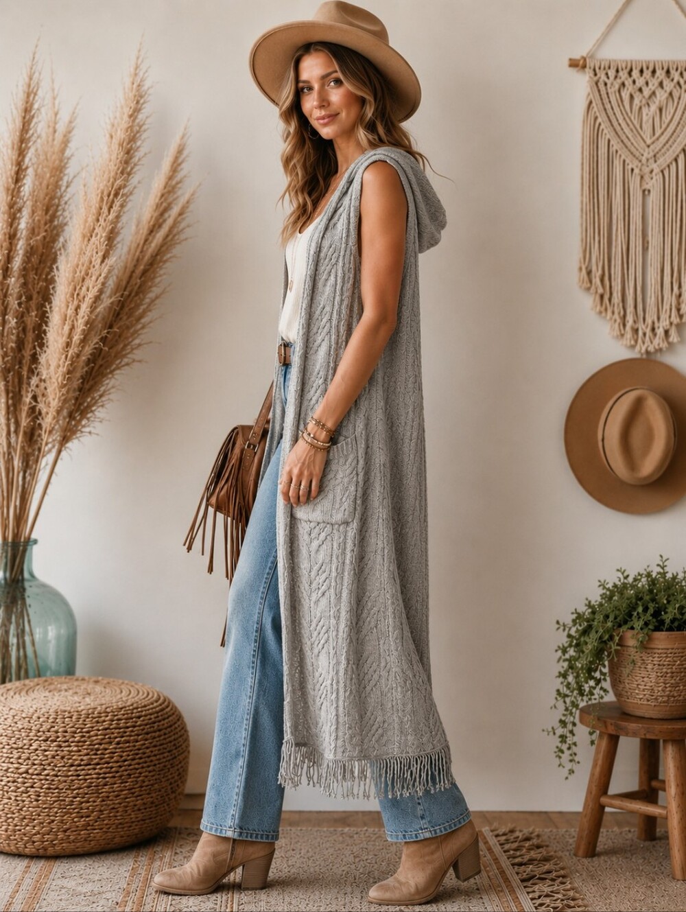 cupcakes & cashmere Gray Cable-Knit Hooded Fringe Cardigan Duater Vest Sz Small